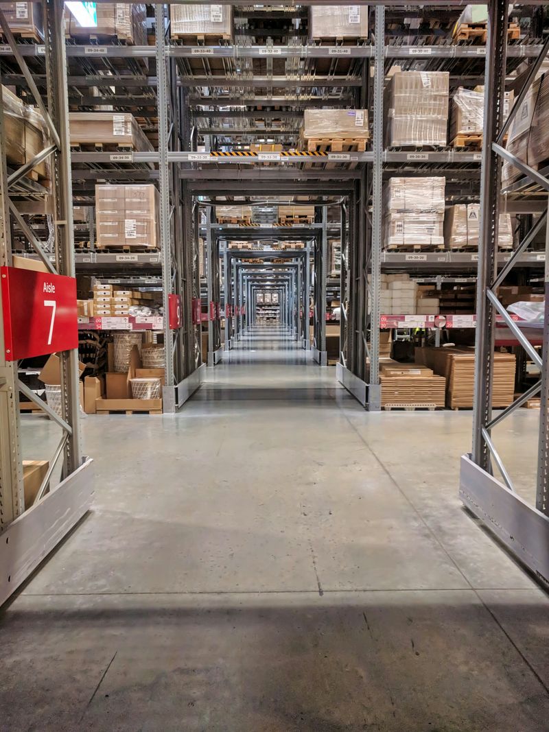 Long warehouse aisle lined with tall pallet racking stacked with wrapped boxes, marked 'Aisle 7', receding into the distance